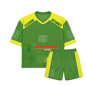 ชุดเสื้อเจอร์ซีย์ตาข่ายโพลีเอสเตอร์ระบายอากาศสำหรับผู้ชาย และกางเกงขาสั้น ดีไซน์แผงสีน้ำตาลทอง พร้อมโลโก้แบบรีดร้อนสั่งทำพิเศษสำหรับผู้ชาย - Product Image 2