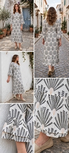 Geometric Print Cotton Midi <b>Dress</b> O-Neck <b>Ruffle</b> Sleeve Loose Fit Casual Daily Wear <b>All</b> Seasons Woven Fabric - Product Image 4