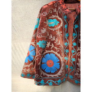 Veste en velours marron brodée Suzani, style bohème floral Kantha pour femme, col montant, coton, style hippie, cadeau pour elle - Product Image 2