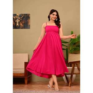 Robe longue en coton fuchsia pour femme, bretelles spaghetti, taille empire smockée, robe décontractée d'été - Product Image 5