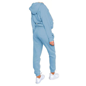 Ensemble de survêtement pour femme bleu clair à capuche, veste zippée à manches longues et pantalon, couleur unie, coupe ample, respirant, 100 % coton, idéal pour l'automne - Product Image 4