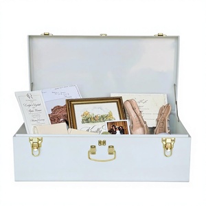 White Metal Wedding <b>Keepsake</b> <b>Box</b> with Gold Hardware Decorative Bridal <b>Memory</b> Trunk for Invitations Photos and Marriage Mementos - Product Image 1