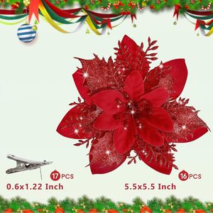 Set di 16 Fiori di Poinsettia Artificiali, Decorazioni Natalizie Glitterate con Clip per Albero di Natale - Product Image 3