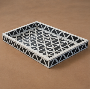 Plateau décoratif géométrique noir et blanc avec incrustation de corne, base en bois massif, fait main, pour service, table basse, décoration intérieure, vente en gros - Product Image 5