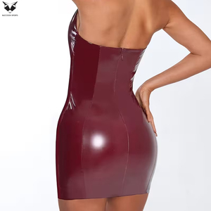 Good Supplier Newest Trendy Product Shiny Patent Leather Halter Neck Backless Mini Dress Elegant Burgundy Wet Look Clubwear - Product Image 6