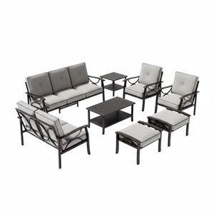 Set di Mobili da Giardino in Metallo per Tutte le Stagioni, 8 Pezzi, Divano Conversazione 9 Posti, Cuscini Grigi Spessi 4 Pollici, Telaio Nero, Colore Caffè - Product Image 2