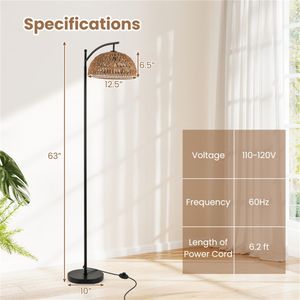 Lampada da Terra a LED in Metallo Nero con Corda di Carta, Interruttore a Pedale, Base Stabile, Test di Stabilità a 8 Gradi, Paralume Dorato, Funzione Illuminazione - Product Image 4