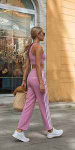 Women's Pink Solid Color Tracksuit Set <b>Sleeveless</b> Crop <b>Top</b> Elastic Waist Joggers Casual Sporty Full Length Pants <b>White</b> Stripes - Product Image 5