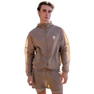 Conjunto de Chaqueta Cortavientos Translúcida y Pantalones Cortos para Hombre, Chaqueta Ligera con Capucha y Cintura Elástica, Conjunto Deportivo para Exteriores en Beige - Product Image 5