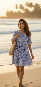 เดรสสั้นทรงเอพิมพ์ลายผ้าฝ้ายรักษ์โลกสำหรับผู้หญิง สไตล์โบฮีเมียนลำลอง แขนสั้น ทรงพอดีตัว ชายกระโปรงบาน เหมาะสำหรับงานปาร์ตี้ฤดูใบไม้ผลิและฤดูร้อน ลายดอกไม้ - Product Image 2