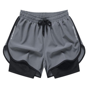 Men's Gray Sport Shorts Black Inner <b>Layer</b> Drawstring Waist Quick Dry Side Stripe Design <b>Mid</b> Rise Knitted Fabric 100% Cotton High - Product Image 1