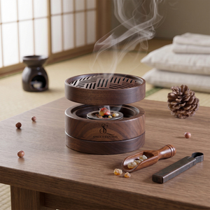 Brûleur à Bakhoor Rond en Bois Moderne, Support d'Encens Arabe Oud Multi-Niveaux avec Couvercle Supérieur Sculpté à Fentes pour l'Encens - Product Image 6