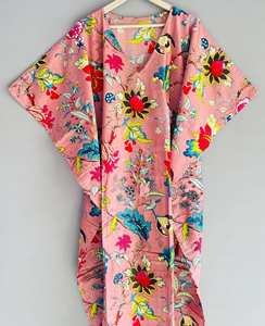 Vestido Kaftán de Verano para Mujer, 100% Algodón, Largo hasta la Rodilla, Suave, Transpirable y Cómodo, Estampado Floral Vintage, Silueta en A - Product Image 4