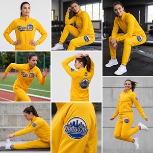 Ensemble de survêtement en molleton jaune personnalisé pour femme, sweat-shirt à col haut et fermeture éclair intégrale, pantalon de jogging à taille élastique, tenue de sport deux pièces - Product Image 6