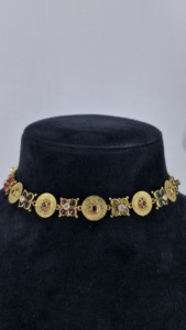 925 Sterling <b>Silver</b> Multi Color Gemstone <b>Choker</b> 18K Gold Plated Antique Textured Disc Necklace Ruby Sapphire Floral Link - Product Image 3