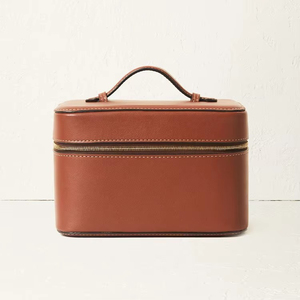 Leather Cosmetic Case <b>Medium</b> Size Zipper Closure Classic Style Soft Handle <b>Brown</b> Color <b>Brown</b> leather makeup bag - Product Image 2