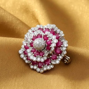 Broche Fleur Rubis Rose Plaqué Or 14 carats Bijou Statement Art Déco Argent 925 Diamant Unique Femme & Homme Mariage - Product Image 1