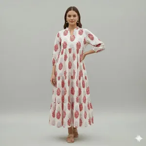 Robe longue blanche bohème à fleurs pour femme, manches bouffantes, en coton léger, imprimé bloc, col en V - Product Image 2