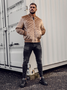 Chaqueta Bomber con Estampado Geométrico para Hombre, Cierre de Cremallera, Estilo Casual para Otoño, Corte Regular, Cuello Camisero, Material de Poliéster - Product Image 3