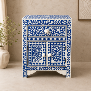 Mesa Auxiliar Decorativa de Madera con Incrustaciones de Hueso Azul, Diseño Oriental, Forma Rectangular, con Cajones de Almacenamiento - Product Image 1