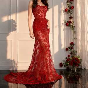 <b>Red</b> Sexy A-Line Floor-Length Evening Gown Designer <b>Sequin</b> Lace Prom Elegant Formal Party Wedding Reception Maxi Women Built-in - Product Image 1