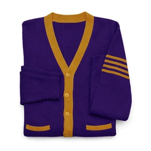 OEM Custom Winter Purple Gold Contrast Trim Knit <b>Cardigan</b> Unisex V Neck Stripe Sleeve Front Logo Preppy Varsity Sweater - Product Image 5