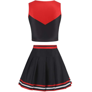 Ensemble d'uniformes de cheerleading rouge et noir avec impression par sublimation, haut, jupe, pompons et nœud, kit pour femmes adultes - Product Image 4