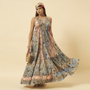 Vestido Maxi Boho Halter para Mujer, Estampado Paisley, Chifón, Corte A, Holgado, Verano, Playa, Vacaciones, Largo, Sin Mangas, Transpirable - Product Image 1