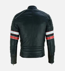 Veste en cuir sur mesure pour homme, noire, en cuir de vachette véritable, style Cafe Racer, veste de motard rétro, coupe ajustée, épaulettes rembourrées, vêtement d'extérieur rayé - Product Image 6
