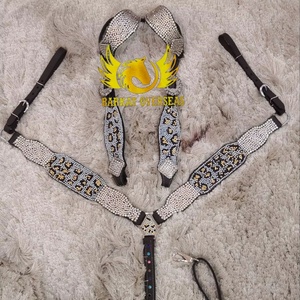 Conjunto de arreos para caballo de cuero genuino con pedrería de cristal de guepardo personalizada, ligero y de temporada, para un equipamiento cómodo de equitación. - Product Image 1