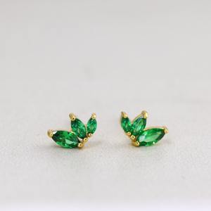 <b>Silver</b> 10K <b>Solid</b> Gold Tiny Emerald Marquise Stud <b>Earrings</b> Trio Gemstone Dainty May Birthstone Minimalist Wedding IGI Certified - Product Image 3