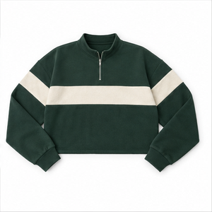 Sudadera Corta Moderna para Mujer Forest Olive, Personalizable, de Dos Tonos, en Algodón Orgánico, con Cierre de Media Cremallera, WHZCROP-0006 - Product Image 3