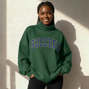 Women Street Style Oversized Turtleneck Embroidered Fleece Long Sleeve Sweatshirt Stand Casual <b>Winter</b> <b>Top</b> Relaxed Fit Front - Product Image 4