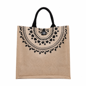 กระเป๋าช้อปปิ้ง EcoDari Luxury Jute Tote สีดำ หูหิ้วลายดอกไม้แมนดาลา รีไซเคิลได้ ใช้ซ้ำได้ เป็นมิตรกับสิ่งแวดล้อม เหมาะสำหรับใส่ของชำ ของขวัญ - Product Image 1