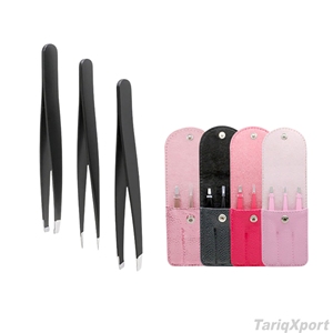 Ensemble de pinces à épiler pour sourcils en acier inoxydable 3-en-1 à pointe incurvée et pointue, design luxueux et écologique avec sac en PU - Léger - Product Image 5