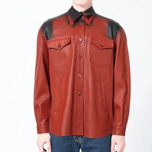 SALVA LEATHER Men's <b>Red</b> Leather Satin Breathable Workwear <b>Shirt</b> Long Sleeve Button-Up Turn-Down Collar Chest Pockets Regular Fit - Product Image 6