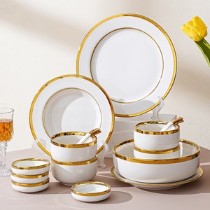 Polished White Ceramic Porcelain Dinnerware Set Two-tone Gold Rim Glossy Surface Bpa-free Luxurious Simplicity Leak-<b>proof</b> - Product Image 6