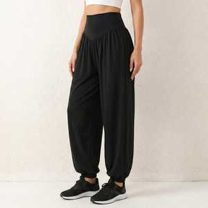 Women's Gray Pants Mid Waist Elastic Loose Fit Full Length Solid Color Casual Spring Style Knitted Cotton Spandex - Product Image 1