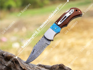 Cuchillo Plegable OEM Personalizado Hecho a Mano de Acero de Damasco con Bloqueo Trasero, Clip de Bolsillo y Mango de Madera de Palisandro Natural con Gema de Turquesa UA - Product Image 2