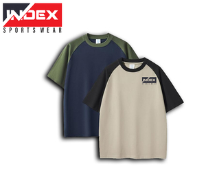 INDEX Men's Raglan Sleeve T-Shirt Cotton Jersey O-Neck Casual Solid Color Block Design Front <b>Logo</b> Regular Fit - Product Image 1