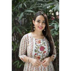 Ensemble Kurta pour femmes, blanc floral, manches longues, respirant, taille XS - Product Image 2