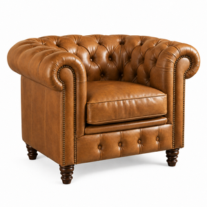 Fauteuil Chesterfield élégant en cuir marron vintage avec garniture cloutée, fauteuil d'appoint de luxe pour salon - Product Image 1
