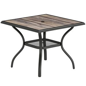 Tavolo da pranzo da esterno da 37 pollici con piano in finto legno grigio, foro per ombrellone e ripiano, per 4 persone, ideale per patio, giardino e cortile - Product Image 1