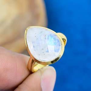 Handmade Rainbow Moonstone Pear Shape Gemstone 18k Gold Microne Over 925 Sterling <b>Silver</b> <b>Ring</b> - Product Image 1