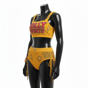 ชุดบิกินี่ผู้หญิง 230 GSM โพลีเอสเตอร์ สแปนเด็กซ์ สีมัสตาร์ด ดีไซน์ตาข่ายปักลาย ปักโลโก้ตามสั่ง ชุดบิกินี่ผู้หญิง - Product Image 3