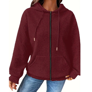 Sweat-shirt à capuche en tricot gaufré personnalisé pour femme, pull décontracté à manches longues avec cordon de serrage et poche - Product Image 2