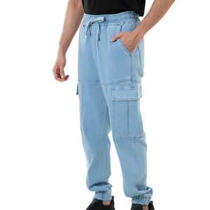 Pantalones Jogger Cargo de Mezclilla Azul Claro para Hombre, Cintura Elástica con Cordón, Corte Regular, Múltiples Bolsillos, Deportivos, de Secado Rápido, Ligeros y Utilitarios - Product Image 1