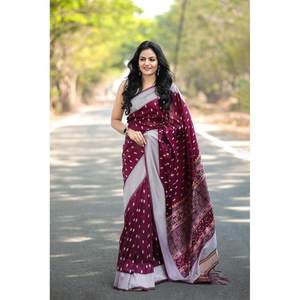 ATRACTIVA BANARASI SEDA DORADA ZARI TRABAJO TEJIDO SAREE CON BLUSA DESCOSADA VINO - Product Image 1