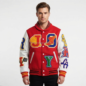 Veste universitaire d'hiver rouge et blanche pour homme, en laine, avec patchs brodés, style preppy, col rabattu, coupe classique, respirante - Product Image 5