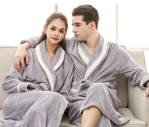 Pyjama long en velours corail épais tricoté pour homme et femme, en flanelle douce, thermique, tissé, longueur genou, collection automne-hiver - Product Image 2